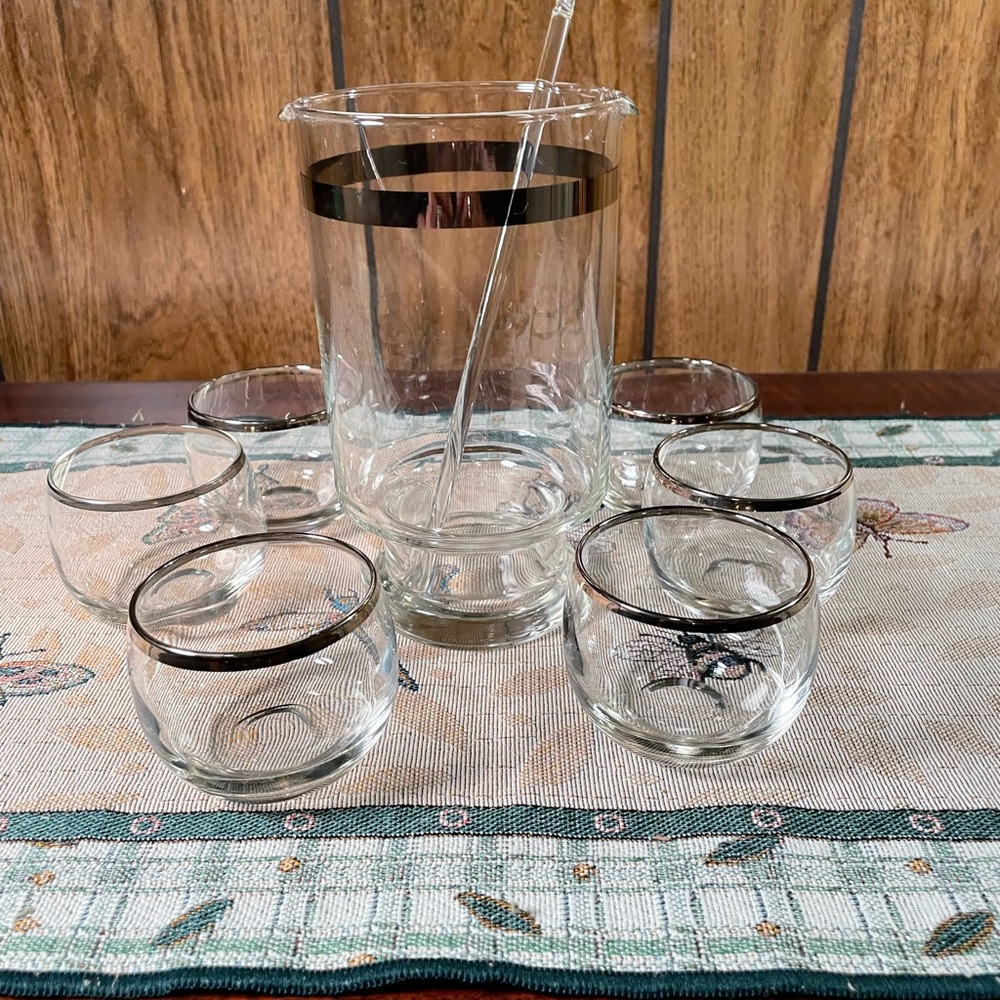 Mid Century Silver Rim Cocktail Set Pitcher & Roly Poly Cocktail Glasses
